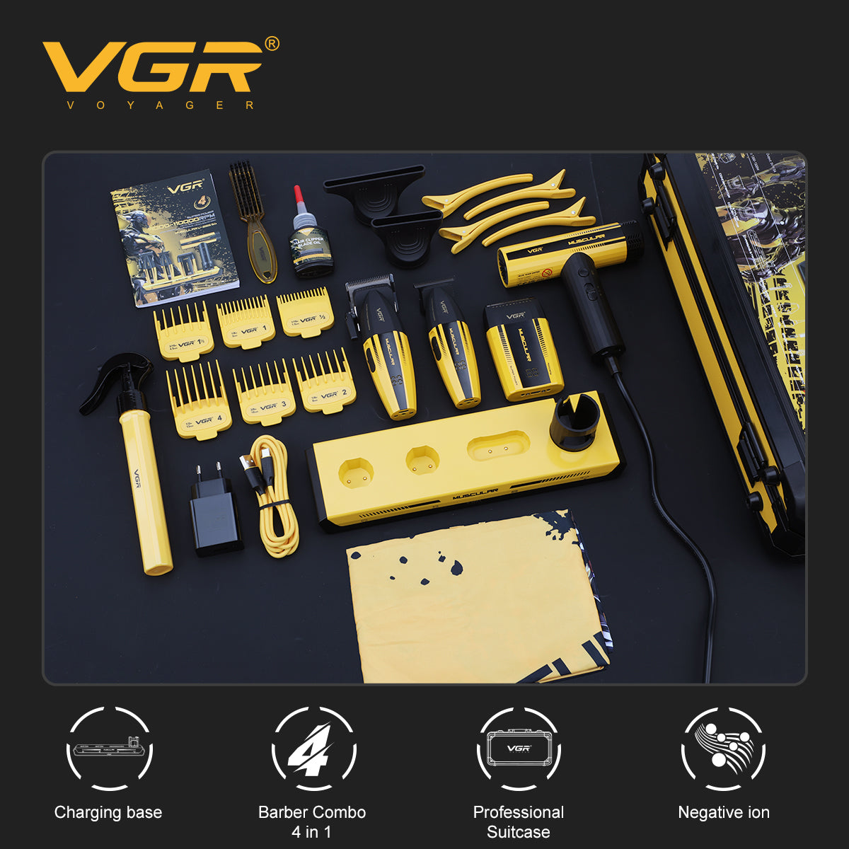 VGR V-285 S4 – komplettes professionelles Barber-Set mit Koffer, Aufsätzen und Zubehör